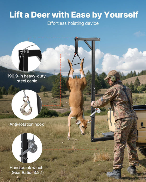 Truck Hitch Game Hoist, 300 lbs Load Capacity, Hunting Deer Hoist with 2-inch Receiver, 360-Degree Swivel Shaft & Adjustable Height, Includes Gambrel Winch for Skinning & Cleaning Game