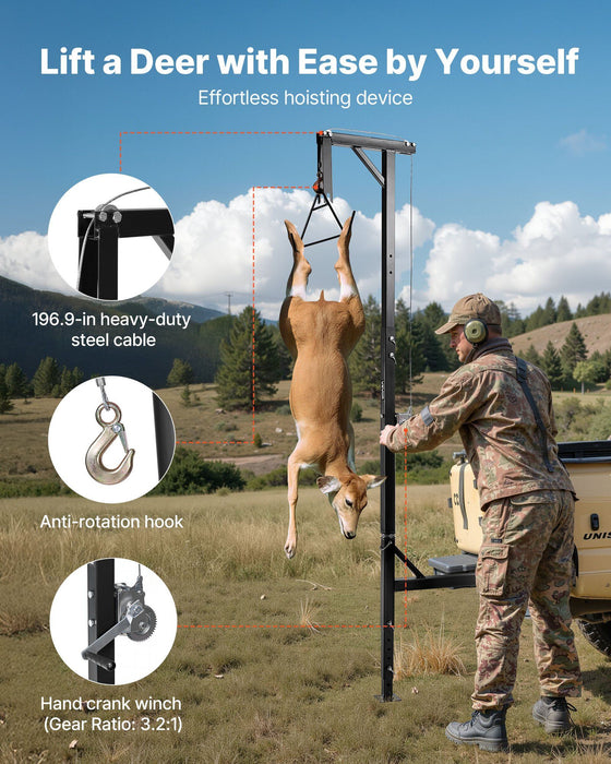 Truck Hitch Game Hoist, 400 lbs Load Capacity, Hunting Deer Hoist with 2-inch Receiver, 360-Degree Swivel Shaft & Adjustable Height, Includes Gambrel Winch for Skinning & Cleaning Game