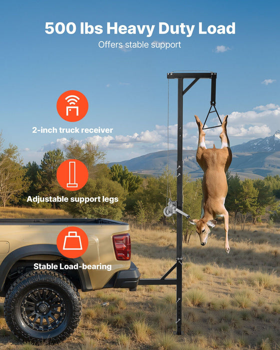 Truck Hitch Game Hoist, 500 lbs Load Capacity, Hunting Deer Hoist with 2-inch Receiver, 360-Degree Swivel Shaft & Adjustable Height, Includes Gambrel Winch for Skinning & Cleaning Game