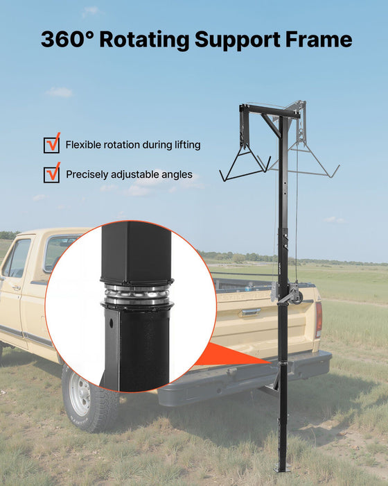 Truck Hitch Game Hoist, 600 lbs Load Capacity, Hunting Deer Hoist with 2-inch Receiver, 360-Degree Swivel Shaft & Adjustable Height, Includes Gambrel Winch for Skinning & Cleaning Game
