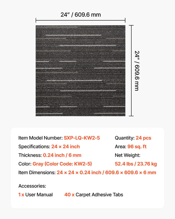 Carpet Tiles Reusable 610x610 mm, 24 PCS Modular Carpet Square Rug, Commercial Floor Soft Padded for Seamless Cover 8.9㎡, Easy DIY Replacement for Living Room Bedroom Office Indoor, Gray