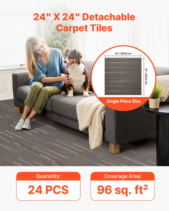 VEVOR Carpet Tiles Reusable 610x610 mm, 24 PCS Modular Carpet Square Rug, Commercial Floor Soft Padded for Seamless Cover 8.9ãŽ? Easy DIY Replacement for Living Room Bedroom Office Indoor, Dark Brown
