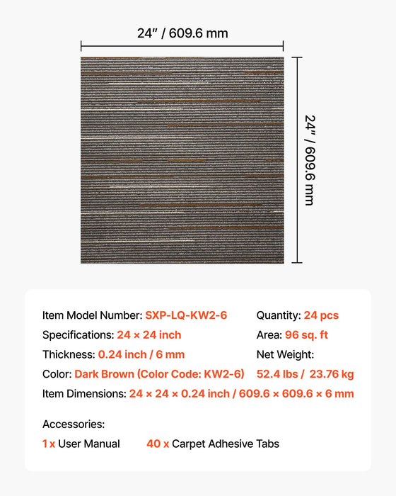 VEVOR Carpet Tiles Reusable 610x610 mm, 24 PCS Modular Carpet Square Rug, Commercial Floor Soft Padded for Seamless Cover 8.9ãŽ? Easy DIY Replacement for Living Room Bedroom Office Indoor, Dark Brown