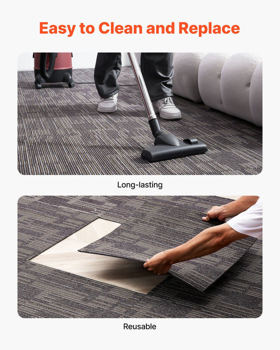 Carpet Tiles Reusable 610x610 mm, 24 PCS Modular Carpet Square Rug, Commercial Floor Soft Padded for Seamless Cover 8.9㎡, Easy DIY Replacement for Living Room Bedroom Indoor, Gray & Brown