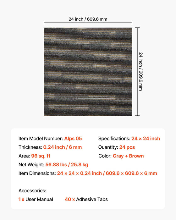 Carpet Tiles Reusable 610x610 mm, 24 PCS Modular Carpet Square Rug, Commercial Floor Soft Padded for Seamless Cover 8.9㎡, Easy DIY Replacement for Living Room Bedroom Indoor, Gray & Brown