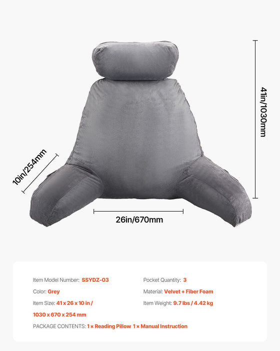 VEVOR Reading Pillow, Large Bed Pillow with Removable Headrest, Back Pillow with 3 Pockets, Shredded Memory Foam and Washable Short Velvet Cloth, Side with Handles for Reading, Gaming, Resting, Grey