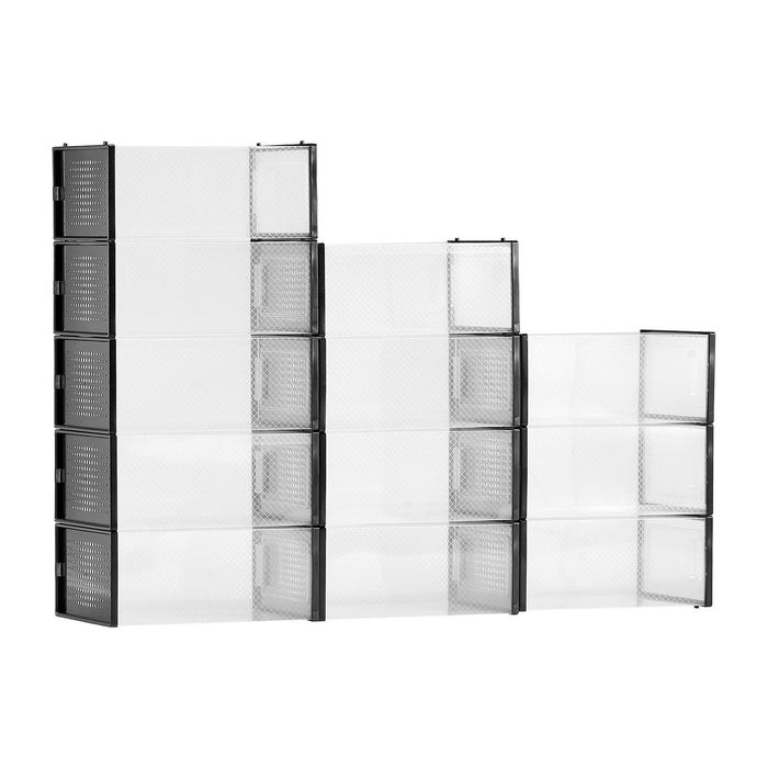 Shoe Storage Boxes, 12 Pack Stackable Shoe Boxes Storage Organizers, Fit up to US Size 11, Plastic Modular Space Saving Sneaker Containers for Storing High Heels, Boots, and Hats, Black Frame