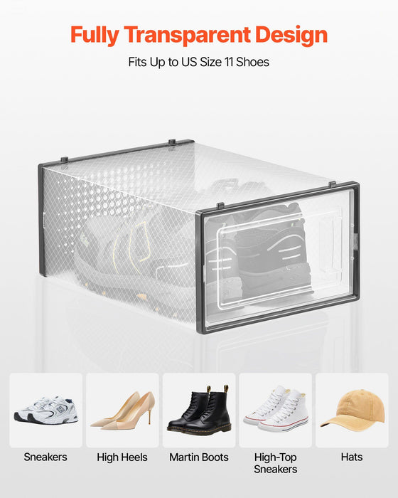 Shoe Storage Boxes, 12 Pack Stackable Shoe Boxes Storage Organizers, Fit up to US Size 11, Plastic Modular Space Saving Sneaker Containers for Storing High Heels, Boots, and Hats, Black Frame