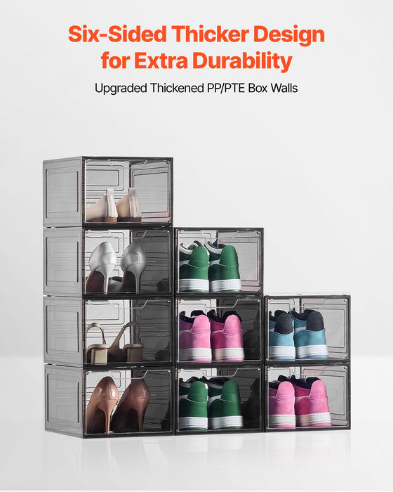 VEVOR Shoe Storage Boxes, 9 Pack Clear Stackable Shoe Boxes Storage Organizers with Magnetic Door, Fit up to US Size 13, Plastic Sneaker Containers for High Heels, Boots, and Hats, Transparent Black