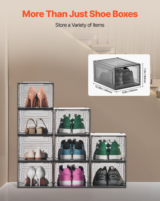 VEVOR Shoe Storage Boxes, 9 Pack Clear Stackable Shoe Boxes Storage Organizers with Magnetic Door, Fit up to US Size 13, Plastic Sneaker Containers for High Heels, Boots, and Hats, Transparent Black