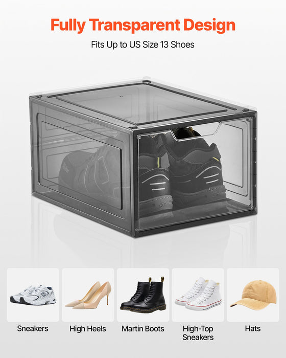 VEVOR Shoe Storage Boxes, 9 Pack Clear Stackable Shoe Boxes Storage Organizers with Magnetic Door, Fit up to US Size 13, Plastic Sneaker Containers for High Heels, Boots, and Hats, Transparent Black