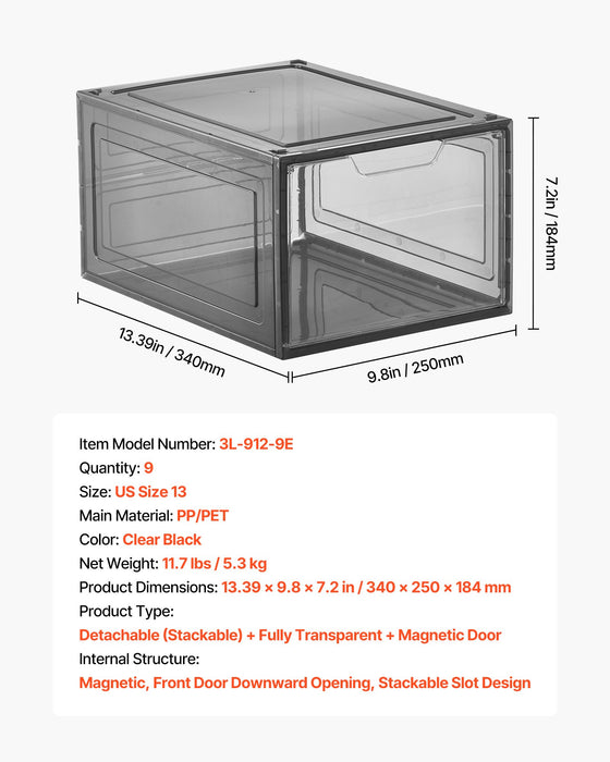 VEVOR Shoe Storage Boxes, 9 Pack Clear Stackable Shoe Boxes Storage Organizers with Magnetic Door, Fit up to US Size 13, Plastic Sneaker Containers for High Heels, Boots, and Hats, Transparent Black
