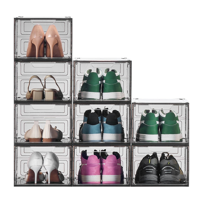 VEVOR Shoe Storage Boxes, 9 Pack Clear Stackable Shoe Boxes Storage Organizers with Magnetic Door, Fit up to US Size 13, Plastic Sneaker Containers for High Heels, Boots, and Hats, Transparent Black