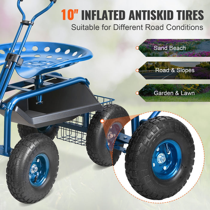 VEVOR Rolling Garden Cart with Seat and Wheels Extendable Steer Handle Blue