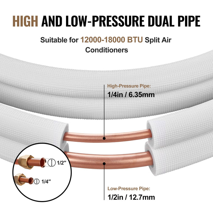 VEVOR 4876.8mm Mini Split Line Set, 6.4 & 12.7mm O.D Copper Pipes Tubing and Triple-Layer Insulation, for Air Conditioning or Heating Pump Equipment & HVAC with Rich Accessories (18ft Connection Cable