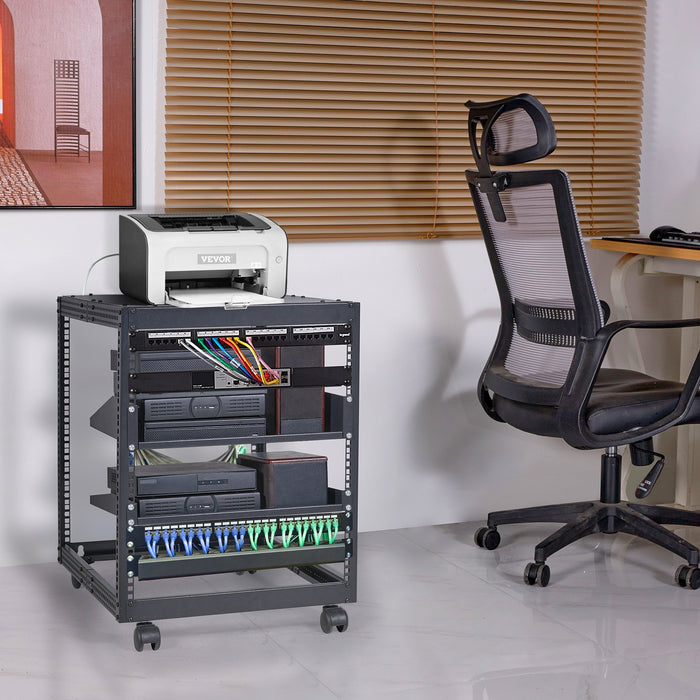 VEVOR 12U Open Frame Server Rack, 15''-40'' Adjustable Depth, Free Standing or Wall Mount Network Server Rack, 4 Post AV Rack with Casters, Holds All Your Networking IT Equipment AV Gear Router Modem