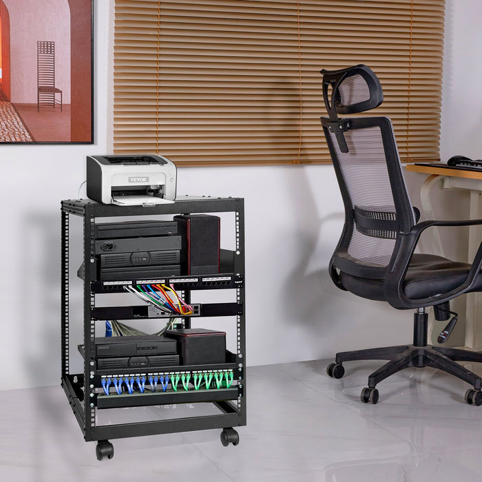 VEVOR 15U Open Frame Server Rack, 23-40 in Adjustable Depth, Free Standing or Wall Mount Network Server Rack, 4 Post AV Rack with Casters, Holds All Your Networking IT Equipment AV Gear Router Modem
