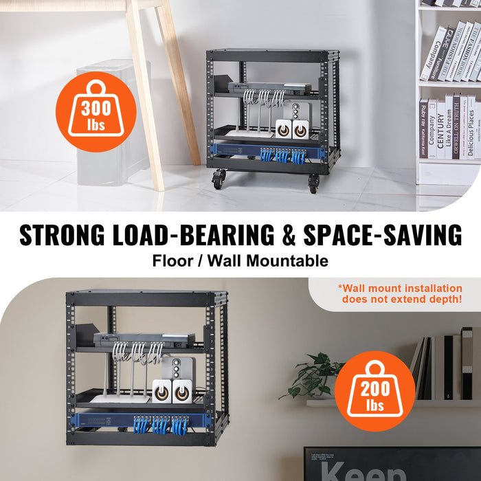 VEVOR 9U Open Frame Server Rack, 584.2 to 1016 mm Adjustable Depth, Free Standing or Wall Mount Network Server Rack with 360° Casters, Heavy Duty 4 Post Holds All Your Networking IT Equipment AV Gear