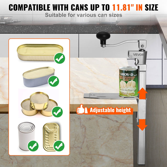 VEVOR Commercial Can Opener, Heavy-Duty Manual Tabletop Cans Opener for Cans Up to 300 mm Height, Height-Adjustable Professional Can Openers Fixed with Screws, for Restaurant, Hotel, and Food Store