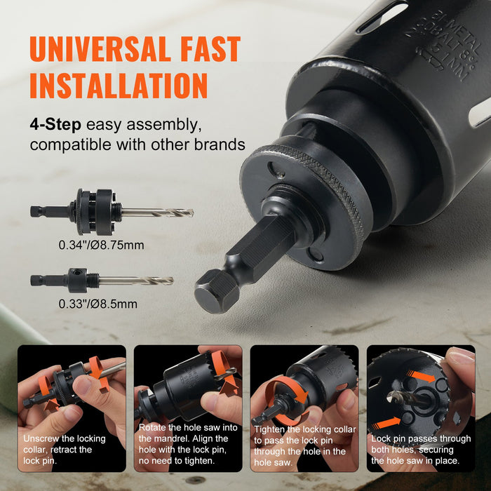 VEVOR Hole Saw Kit, 11 PCS Saw Blades, 2 Drill Bits, 1 Hex Wrench, Bi Metal M42 Hole Saw Set with Carrying Case, General Purpose Size from 3/4" to 3", Ideal for Wood Board, Iron and Plastic Plate