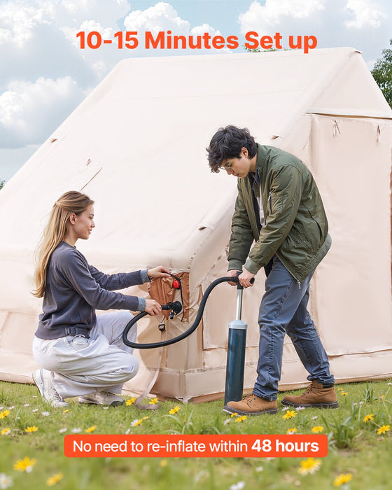 VEVOR Inflatable Tents for Camping, 3-5 Person Easy Setup Blow up Tent with Hand Pump, 300D Oxford 4 Season Glamping Tent with Canopy, Stove Jack, 2 Doors & 2 Mesh Windows (Storage Bag Included)