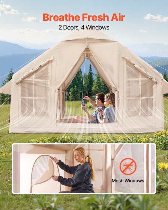 Inflatable Tents for Camping, 4-6 Person Easy Setup Blow up Tent with Hand Pump, 300D Oxford 4 Season Glamping Tent with Stove Jack 2 Doors & 4 Mesh Windows, Storage Bag Included for Easy Taking