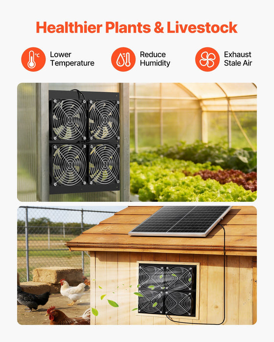 Solar Powered Fan, 25W Solar Panel with 4 Fans, Adjustable Solar Panel Angle, 2668 RPM High-Speed, Flexible Installation, Fast Air Exchange for Greenhouse, Grow Tents, Chicken Coops, Shelters