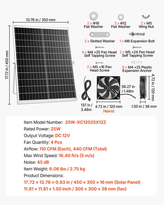 Solar Powered Fan, 25W Solar Panel with 4 Fans, Adjustable Solar Panel Angle, 2668 RPM High-Speed, Flexible Installation, Fast Air Exchange for Greenhouse, Grow Tents, Chicken Coops, Shelters