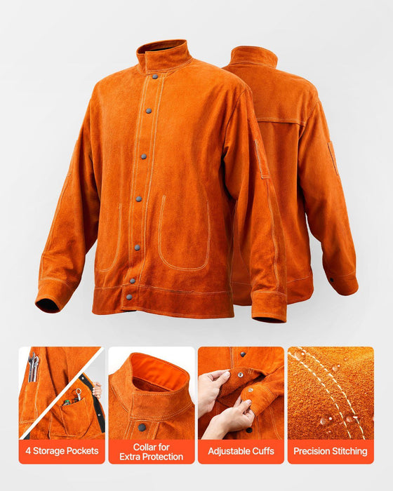 Flame-Resistant Welding Jacket - M Size, Heavy Duty Cowhide Leather Welding Jacket, Waterproof Heat-Resistant Safety Jacket with Snap Buttons, 4 Pockets & Adjustable Cuffs for Welders Steelworks