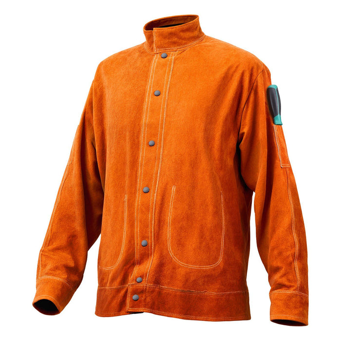 Flame-Resistant Welding Jacket - M Size, Heavy Duty Cowhide Leather Welding Jacket, Waterproof Heat-Resistant Safety Jacket with Snap Buttons, 4 Pockets & Adjustable Cuffs for Welders Steelworks
