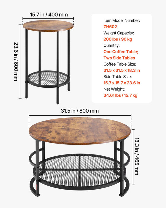 VEVOR 3 Pieces Round Coffee Table Set 80 cm with 2 End Tables for Living Room