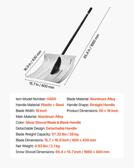 Snow Shovel for Driveway, 40cm Wide Aluminum Alloy Snow Shovel, Non Slip Grip, Large Capacity Snowplow Shovels, Detachable & Lightweight Snows Removal Tool for Garden Car Camping Outdoors