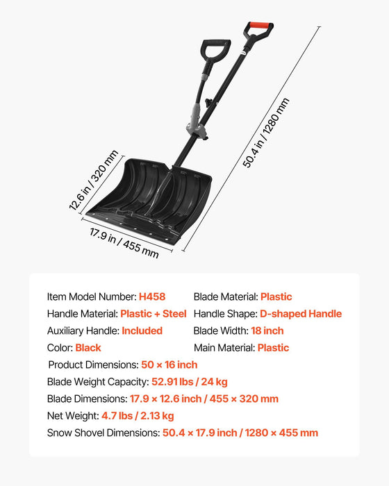 Snow Shovel for Driveway, 45.5cm Wide Snow Shovel with Assist D-shaped Handles, Non Slip Grip, Large Capacity Snowplow Shovels, Lightweight Snows Removal Tool for Garden Car Camping Outdoors