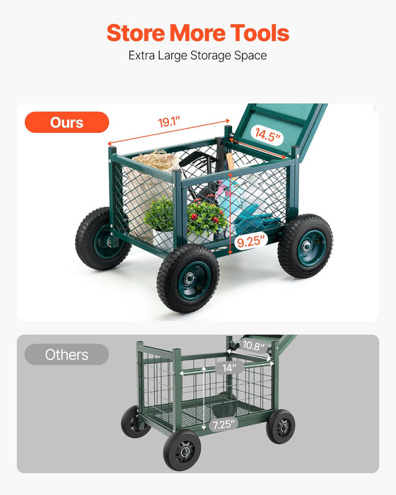 Rolling Garden Cart with Seat, Metal Rolling Garden Work Seat with Wheels, Supports up to 181 kg, Heavy Duty Gardening Cart Scooter, Outdoor Wagon & Stool on Wheels for Lawn, Patio, Backyard