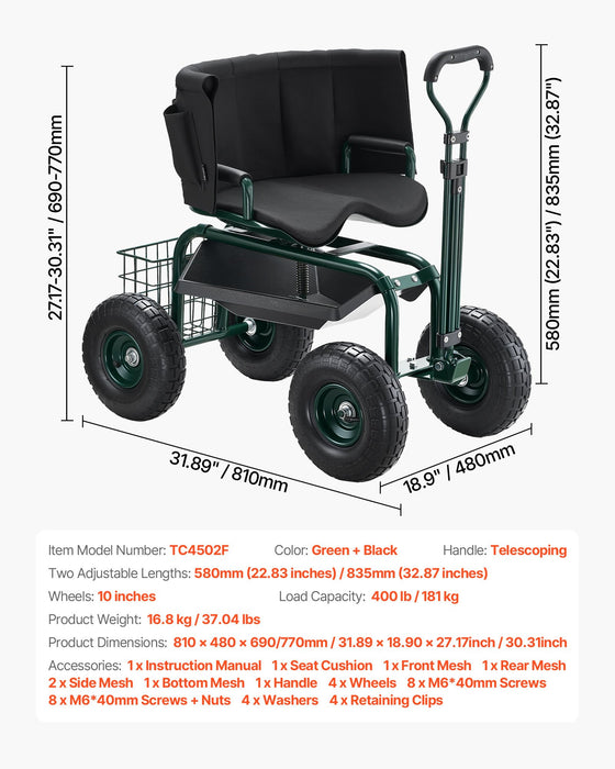 VEVOR Rolling Garden Cart with Swivel Seat Wheels Extendable Handle Storage Box