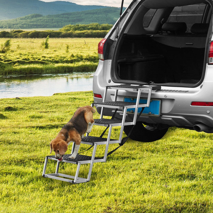 Dog Stair for Cars, Wide 5-step Dog Car Steps, Folding Dog Car Ramp with Nonslip Surface, Portable Pet Steps Lightweight Aluminum for Car, SUV and Truck, Supports up to 150 lbs