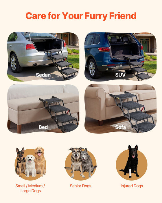 Dog Stairs for Car, 5 Steps Extra Wide Foldable Dog Ramp for Large Dogs with Non-Slip Rug Surface, Portable Lightweight Pet Ladder for Car, SUV, Truck, High Beds, Sofas, Support up to 91 kg