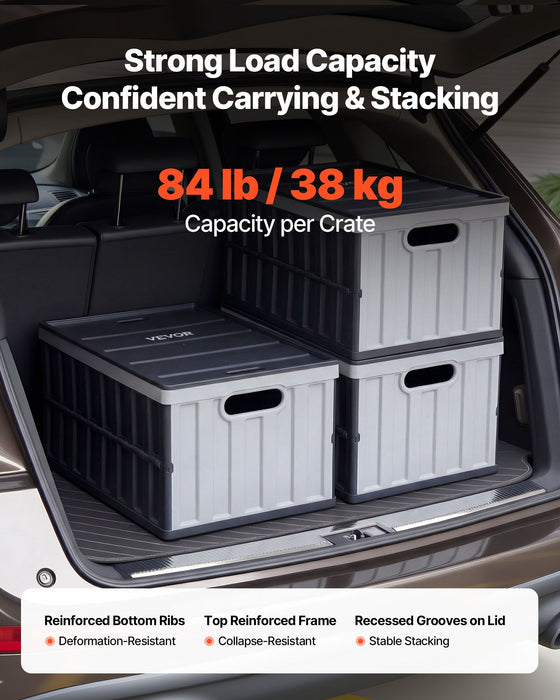 Plastic Collapsible Storage Bins with Lids, 65L 3 Packs, Stackable Folding Storage Crates with Handles, Holds 38 kg Per Bin, Heavy Duty Containers, Space-Saving Baskets, for Home Organizing