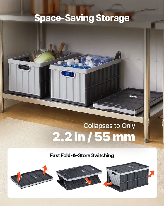 Plastic Collapsible Storage Bins with Lids, 65L 2 Packs, Stackable Folding Storage Crates with Handles, Holds 38 kg Per Bin, Heavy Duty Containers, Space-Saving Baskets, for Home Organizing