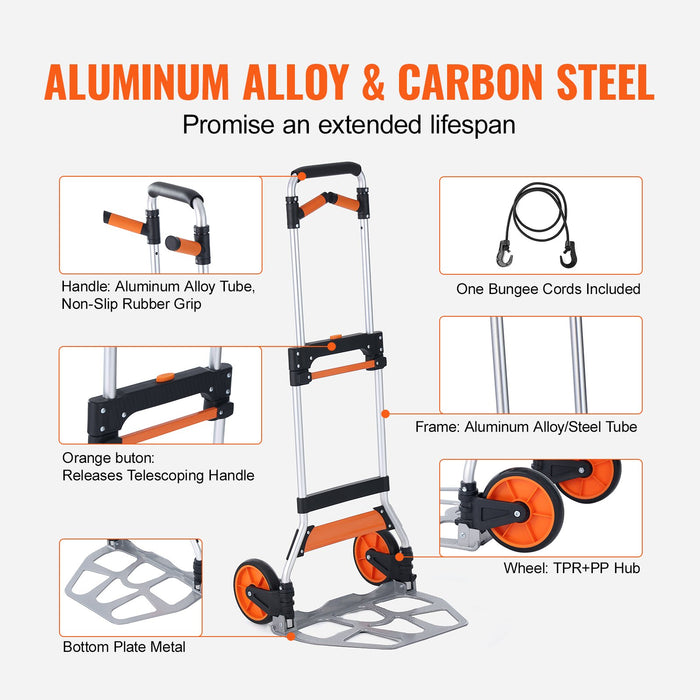 VEVOR Folding Hand Truck, 140 kg Load Capacity, Aluminum Portable Cart, Convertible Hand Truck and Dolly with Telescoping Handle and PP+TPR Wheels, Ultra Lightweight Super Strong for Moving Warehouse