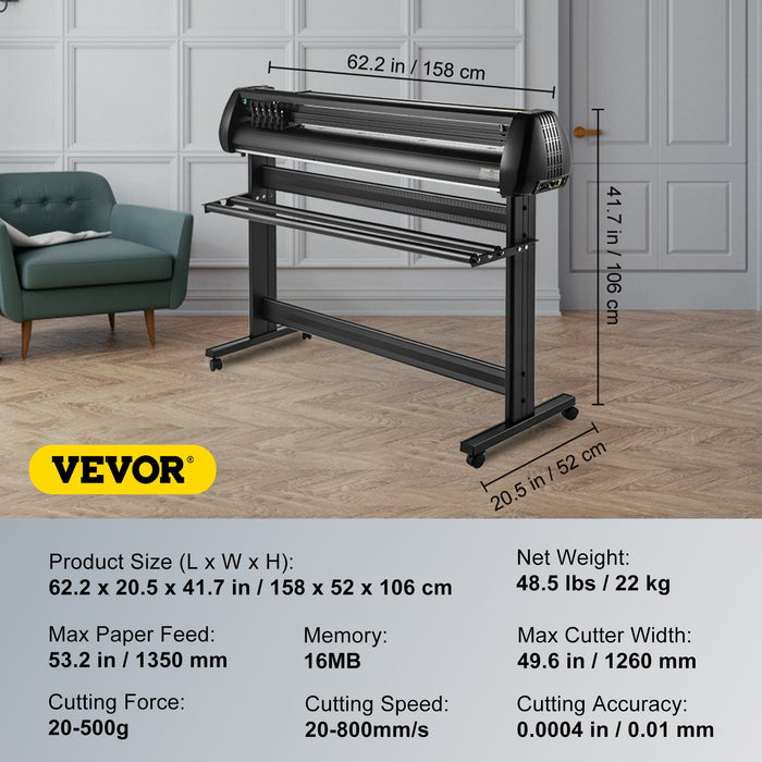 VEVOR Vinyl Cutter, 53inch Vinyl Cutter Plotter with Stand, Adjustable Speed Force for Sign Making Vinyl Plotter, SignMaster Software Vinyl Tape Tools Vinyl Printer Available with COM/USB/Bluetooth