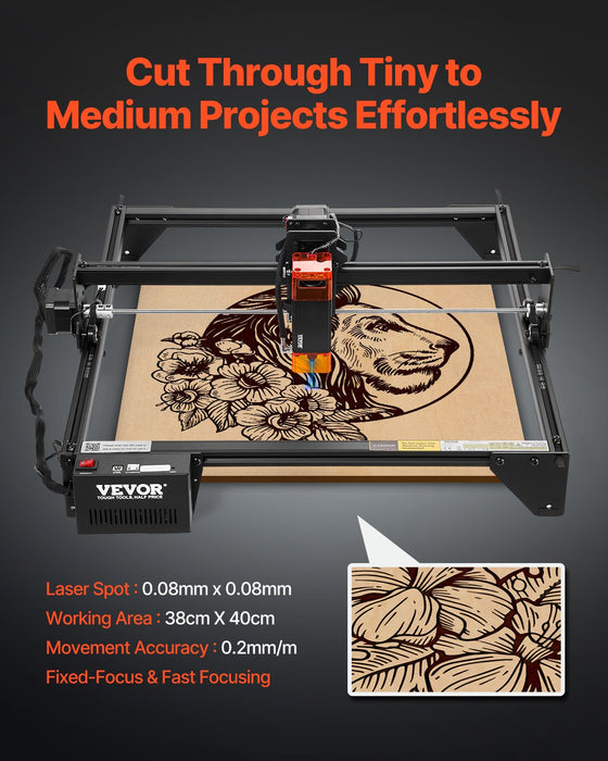 VEVOR Laser Engraver, 5W Output, Laser Engraving Cutter Machine, 14.9 x 15.7 in/38 x 40 cm Working Area, 10000 mm/min Movement Speed, Compressed Spot with Eye Protection, for Wood, Certain Metal