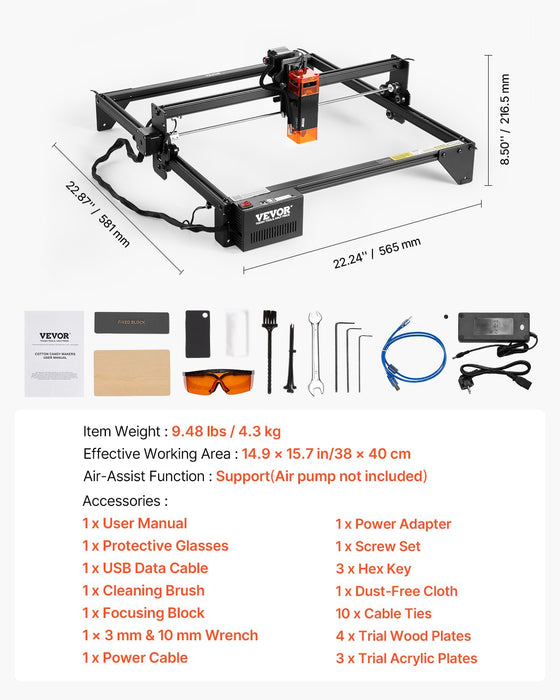 VEVOR Laser Engraver, 5W Output, Laser Engraving Cutter Machine, 14.9 x 15.7 in/38 x 40 cm Working Area, 10000 mm/min Movement Speed, Compressed Spot with Eye Protection, for Wood, Certain Metal