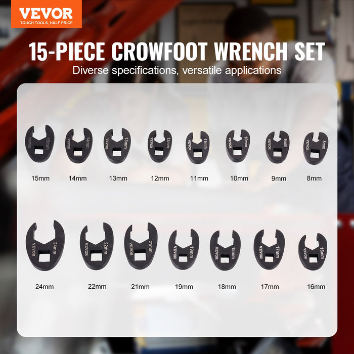 VEVOR Crowfoot Wrench Set, 1/2" and 3/8" Drive 15-Piece Crows Foot Wrench Set with PP Storage Case,  Metric 8-24 mm, CRMO Steel and  Manganese Phosphate Finish, for Mechanical Maintenance or Repairs