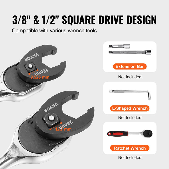 VEVOR Crowfoot Wrench Set, 1/2" and 3/8" Drive 15-Piece Crows Foot Wrench Set with PP Storage Case,  Metric 8-24 mm, CRMO Steel and  Manganese Phosphate Finish, for Mechanical Maintenance or Repairs