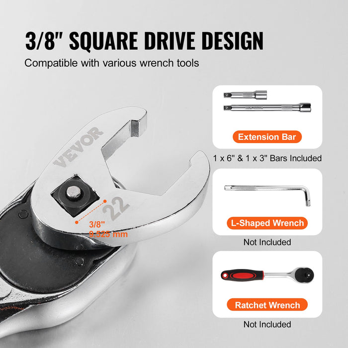 VEVOR 3/8" Drive Crowfoot Wrench Set with 2 Extension Bars, 24-Piece Crows Foot Wrench Set, SAE  3/8"-1" and Metric 10-22 mm, CR-MO Steel Crowfoot Wrench Set, with EVA Tool Organizer