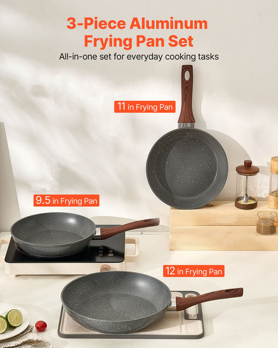 VEVOR Frying Pan Skillet, Aluminum Egg Fry Pans, 3 Piece Set (250, 280, 325 mm), Nonsitck Heavy-Duty Skillets with Heat-Resistant Handle, Chef's Kitchen Cookware, for Gas, Electric, Induction, Grey