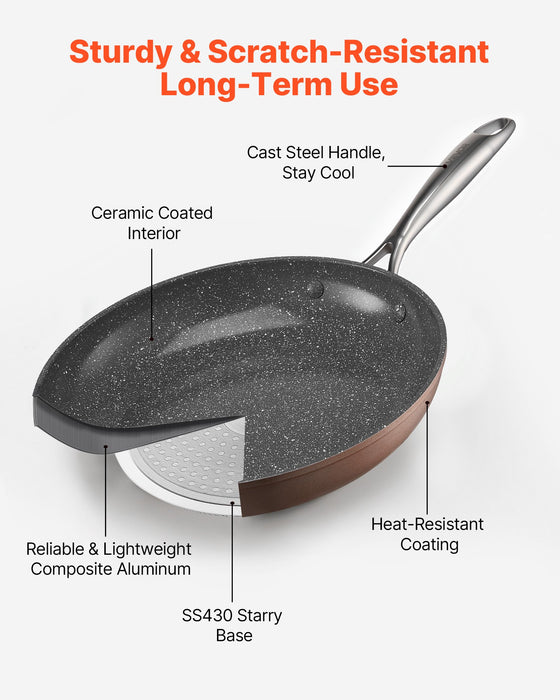 VEVOR Frying Pan Skillet, Aluminum Egg Fry Pans, 3 Piece (200, 270, 300 mm), Nonsitck Ceramic Heavy-Duty Skillets with Heat-Resistant Handle, Chef's Cookware, for Oven, Gas, Electric, Induction, Grey