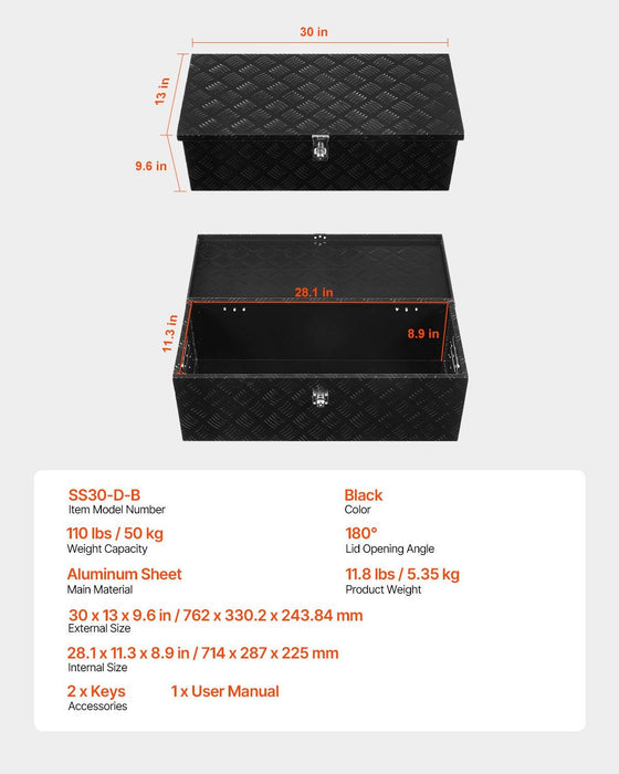 Heavy Duty Aluminum Truck Bed Tool Box, Stripes Plated Tool Box with Side Handle and Lock Keys, Storage Toolbox Chest Organizer for Trailer, Pickup, RV, 30"x13"x9.6"(762x330.2x243.84mm), Black