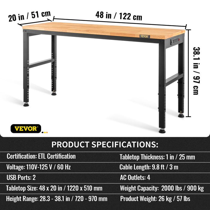 VEVOR Adjustable Workbench, 1220 x 508 x 968 mm Garage Table with 719-968 mm Heights & 900 kg Load Capacity, with Power Outlets & Hardwood Top & Metal Frame & Foot Pads, for Office Home and Garage